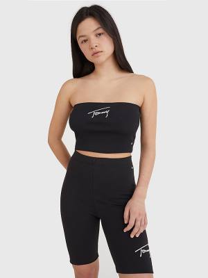 Tommy Hilfiger Signature Logo Cropped Tube Top T-shirts Dames Zwart | TH190CVF