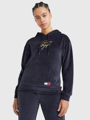 Tommy Hilfiger Signature Logo Velour Hoodie Dames Blauw | TH503VXW