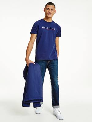 Tommy Hilfiger Signature Organic Katoenen Graphic Logo T-shirts Heren Blauw | TH963JEF