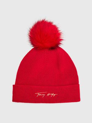 Tommy Hilfiger Signature Pom Pom Beanie Hoeden Dames Rood | TH265NHK