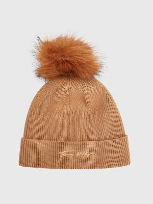 Tommy Hilfiger Signature Pom Pom Beanie Hoeden Dames Beige | TH291NLW