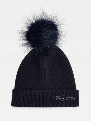 Tommy Hilfiger Signature Pom Pom Beanie Hoeden Dames Blauw | TH391IFC