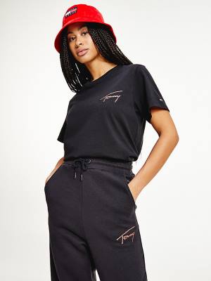 Tommy Hilfiger Signature Recycled Katoenen Relaxed T-shirts Dames Zwart | TH758SVW