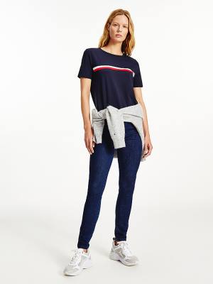 Tommy Hilfiger Signature Tape Crew Neck T-shirts Dames Blauw | TH028EAZ