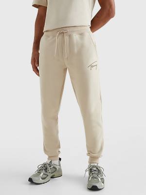 Tommy Hilfiger Slim Fleece Signature Joggers Broek Heren Beige | TH906MJQ