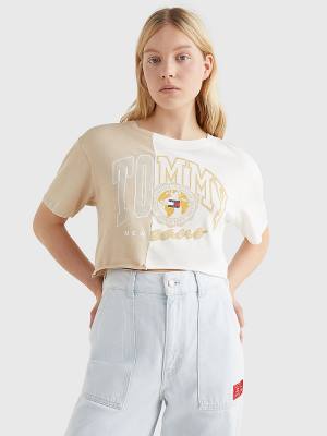 Tommy Hilfiger Spliced Logo Cropped T-shirts Dames Beige | TH347SCW