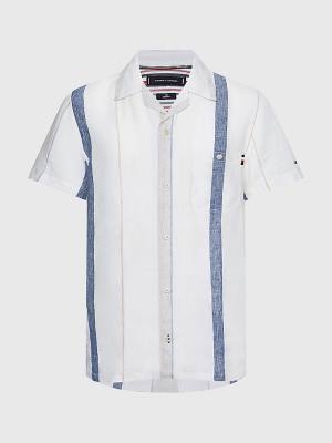 Tommy Hilfiger Stripe Kort Sleeve Linen Overhemd Heren Beige | TH807QIS