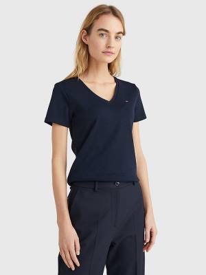 Tommy Hilfiger V-Neck Slim Fit T-shirts Dames Blauw | TH157KEP