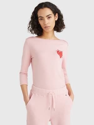 Tommy Hilfiger Valentines Heart Print Boot Neck T-shirts Dames Roze | TH426PKS