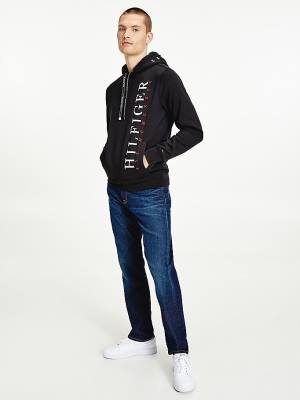 Tommy Hilfiger Vertical Logo Flex Fleece Hoodie Heren Zwart | TH246JZG