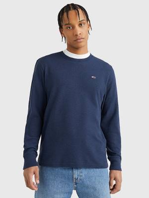 Tommy Hilfiger Waffle Crew Neck Long Sleeve Top T-shirts Heren Blauw | TH087TLB