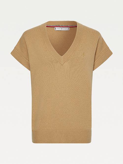 Tommy Hilfiger Alpaca Relaxed V-Neck Kort Sleeve Vest Truien Dames Bruin | TH052TRG