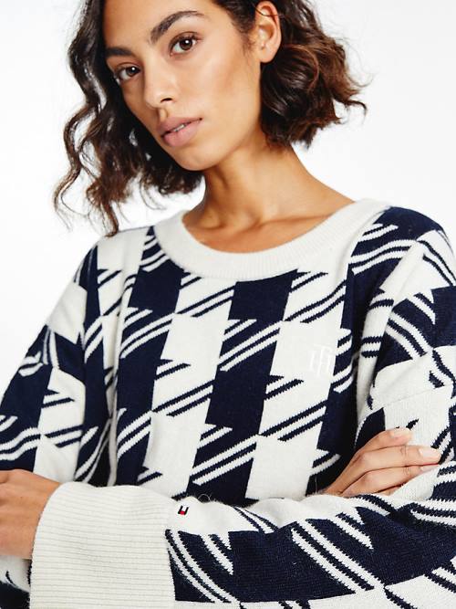 Tommy Hilfiger Alpaca Wool Houndstooth Relaxed Fit Jumper Truien Dames Blauw | TH439JGA