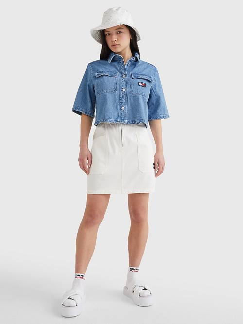 Tommy Hilfiger Badge Cropped Kort Sleeve Denim Overhemd Dames Denim | TH045AHS