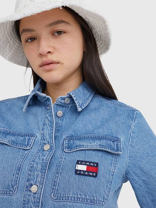 Tommy Hilfiger Badge Cropped Kort Sleeve Denim Overhemd Dames Denim | TH045AHS