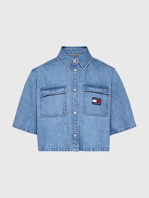 Tommy Hilfiger Badge Cropped Kort Sleeve Denim Overhemd Dames Denim | TH045AHS