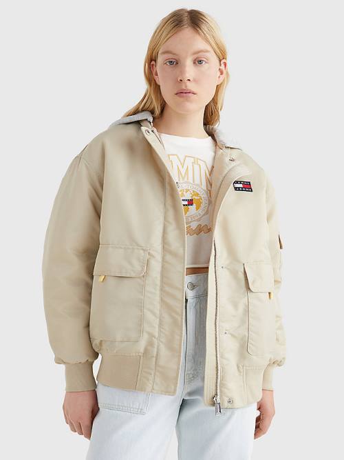 Tommy Hilfiger Badge Met Capuchon Bomber Jassen Dames Beige | TH792EHA