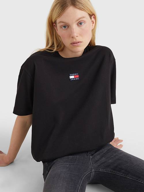 Tommy Hilfiger Badge Oversized Fit T-shirts Dames Zwart | TH479SPO