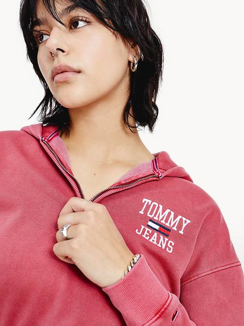 Tommy Hilfiger College Cropped Quarter-Zip Hoodie Dames Rood | TH803VMQ