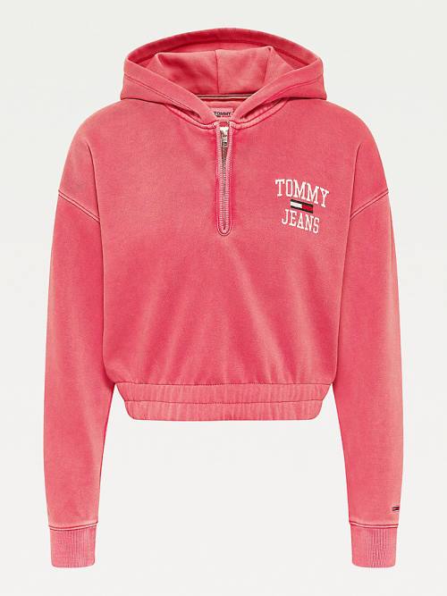 Tommy Hilfiger College Cropped Quarter-Zip Hoodie Dames Rood | TH803VMQ