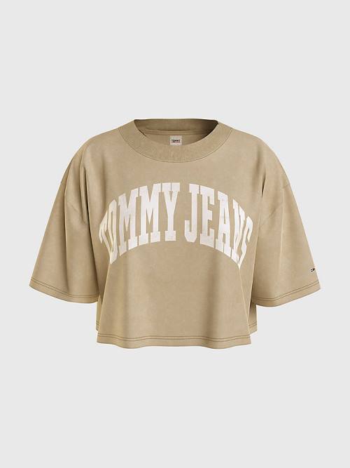 Tommy Hilfiger College Oversized Cropped T-shirts Dames Beige | TH726RBH