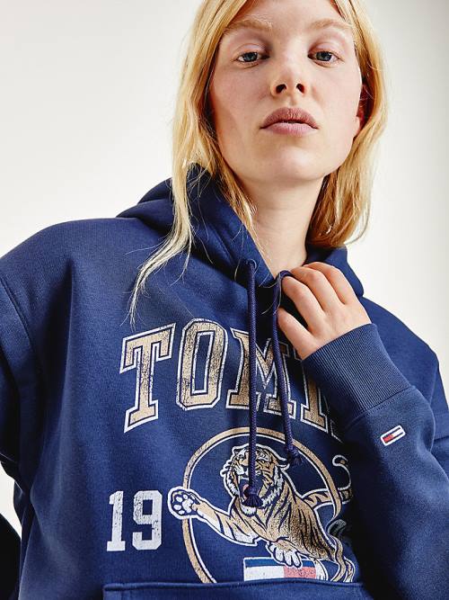 Tommy Hilfiger College Tiger Logo Relaxed Hoodie Dames Blauw | TH610UIG