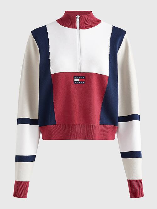 Tommy Hilfiger Colour-Blocked Half-Zip Jumper Truien Dames Rood | TH835CFP