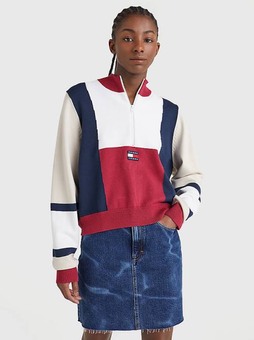 Tommy Hilfiger Colour-Blocked Half-Zip Jumper Truien Dames Rood | TH835CFP