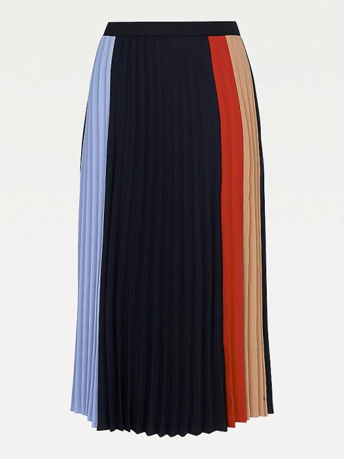 Tommy Hilfiger Colour-Blocked Pleated Crepe Midi Rokken Dames Blauw | TH165UCD