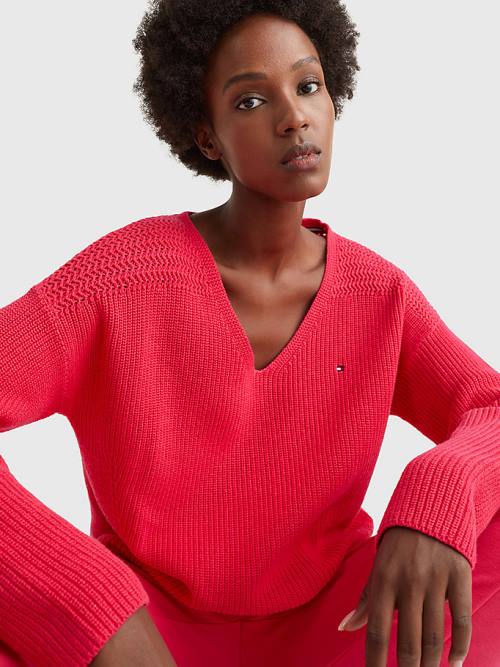 Tommy Hilfiger Contrast Knit Relaxed Fit V-Neck Jumper Truien Dames Roze | TH017AZQ