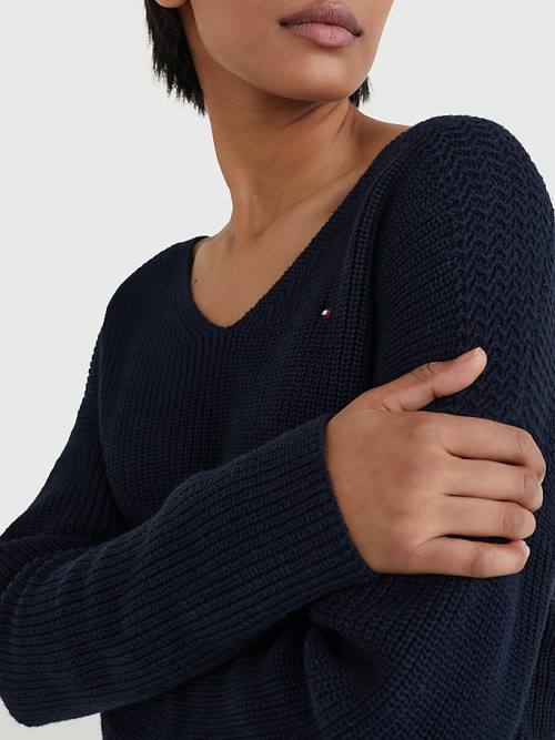 Tommy Hilfiger Contrast Knit Relaxed Fit V-Neck Jumper Truien Dames Blauw | TH396UWV