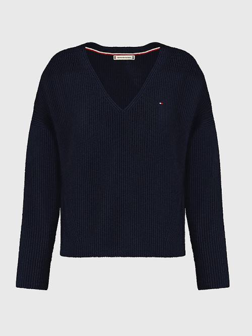 Tommy Hilfiger Contrast Knit Relaxed Fit V-Neck Jumper Truien Dames Blauw | TH396UWV