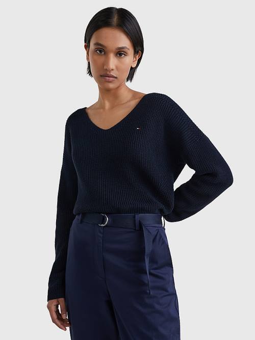 Tommy Hilfiger Contrast Knit Relaxed Fit V-Neck Jumper Truien Dames Blauw | TH396UWV