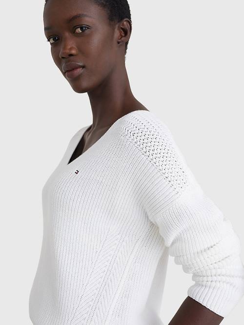 Tommy Hilfiger Contrast Knit Relaxed Fit V-Neck Jumper Truien Dames Wit | TH587CJE