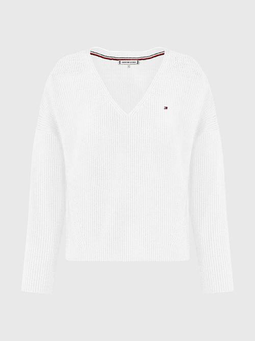 Tommy Hilfiger Contrast Knit Relaxed Fit V-Neck Jumper Truien Dames Wit | TH587CJE