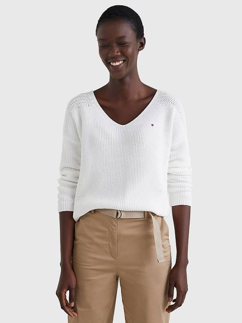 Tommy Hilfiger Contrast Knit Relaxed Fit V-Neck Jumper Truien Dames Wit | TH587CJE