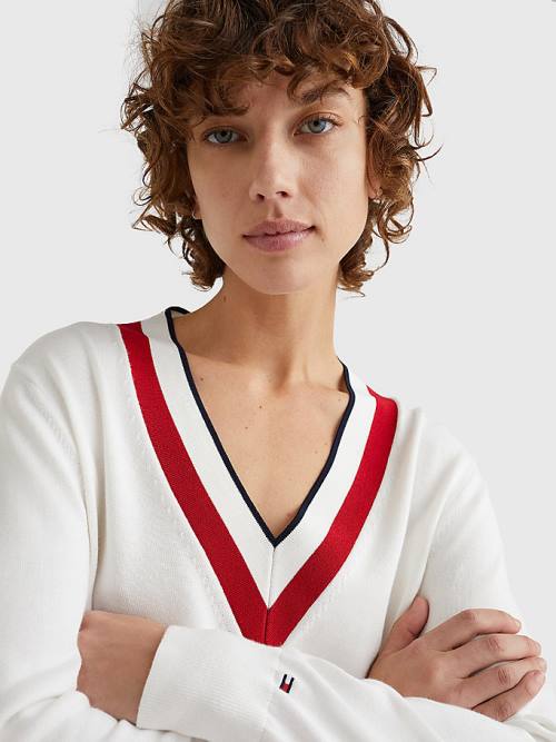 Tommy Hilfiger Contrast V Neck Jumper Truien Dames Wit | TH928KMD