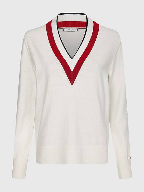 Tommy Hilfiger Contrast V Neck Jumper Truien Dames Wit | TH928KMD