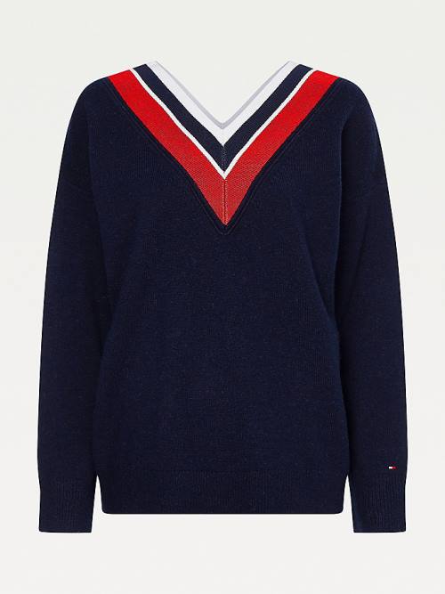 Tommy Hilfiger Contrast V-Neck Relaxed Fit Jumper Truien Dames Blauw | TH420HSW