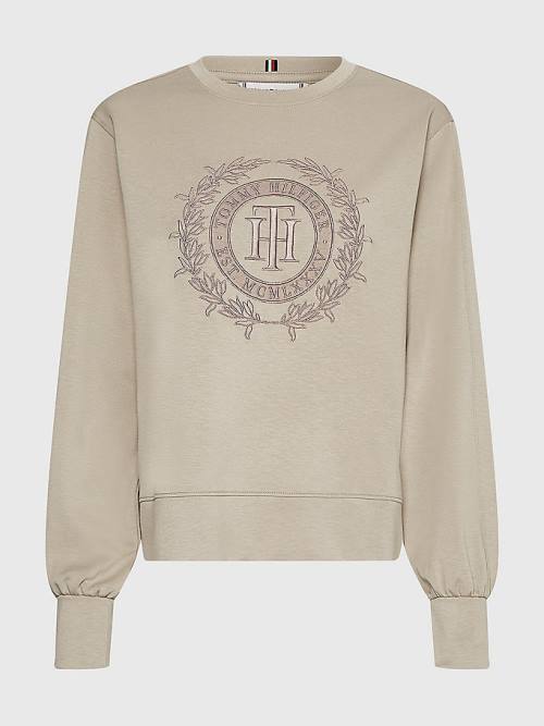 Tommy Hilfiger Crest Embroidery Relaxed Fit Sweatshirts Dames Beige | TH692SHB