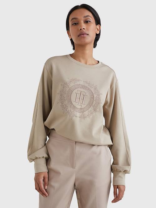 Tommy Hilfiger Crest Embroidery Relaxed Fit Sweatshirts Dames Beige | TH692SHB