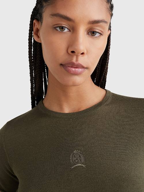 Tommy Hilfiger Crest Embroidery Wool Silk T-shirts Dames Khaki | TH521YAM