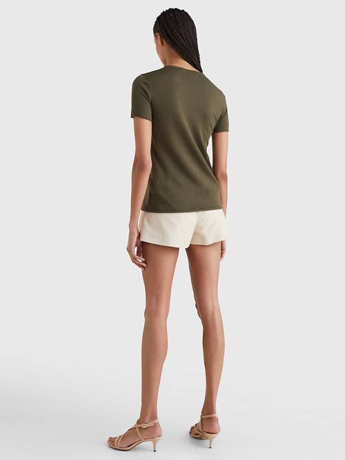 Tommy Hilfiger Crest Embroidery Wool Silk T-shirts Dames Khaki | TH521YAM