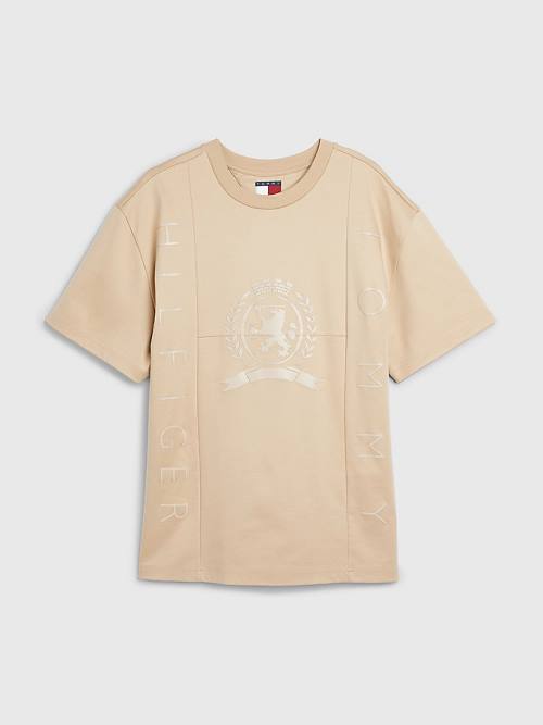 Tommy Hilfiger Crest Tonal Logo T-shirts Heren Beige | TH859ZGQ