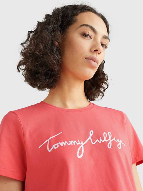 Tommy Hilfiger Crew Neck Graphic Signature Logo T-shirts Dames Rood | TH137BOJ