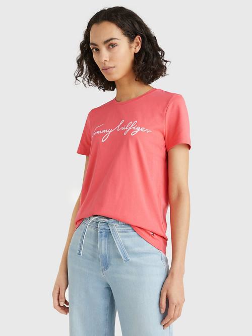 Tommy Hilfiger Crew Neck Graphic Signature Logo T-shirts Dames Rood | TH137BOJ