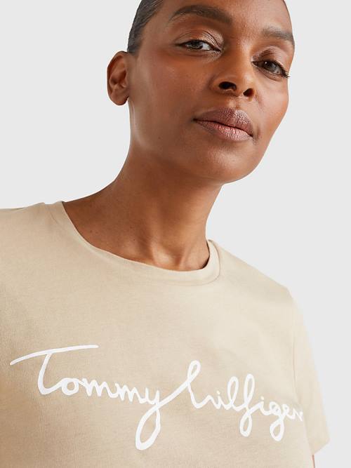 Tommy Hilfiger Crew Neck Graphic Signature Logo T-shirts Dames Beige | TH271IWT