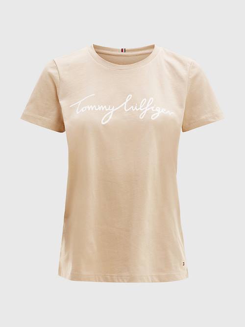 Tommy Hilfiger Crew Neck Graphic Signature Logo T-shirts Dames Beige | TH271IWT