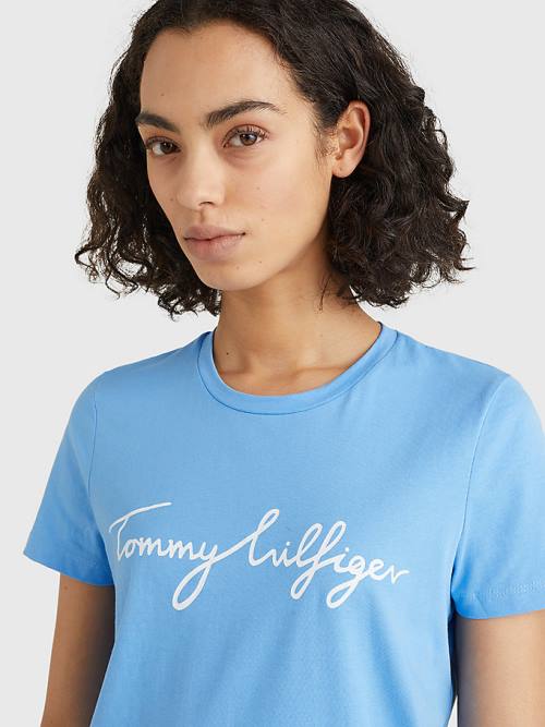 Tommy Hilfiger Crew Neck Graphic Signature Logo T-shirts Dames Blauw | TH946MOY