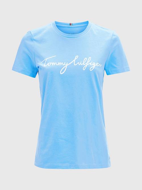 Tommy Hilfiger Crew Neck Graphic Signature Logo T-shirts Dames Blauw | TH946MOY